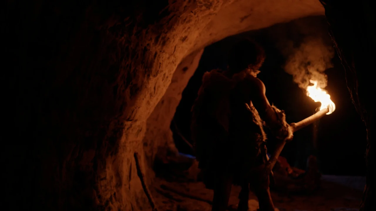 Fotograma de nuestro reel: una figura con una antorcha en una cueva